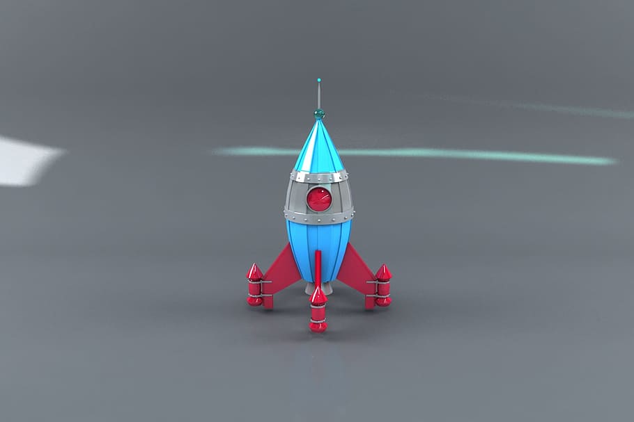 blue and red rocket toy, space rocket, 3d, 3d modeling, cone HD wallpaper