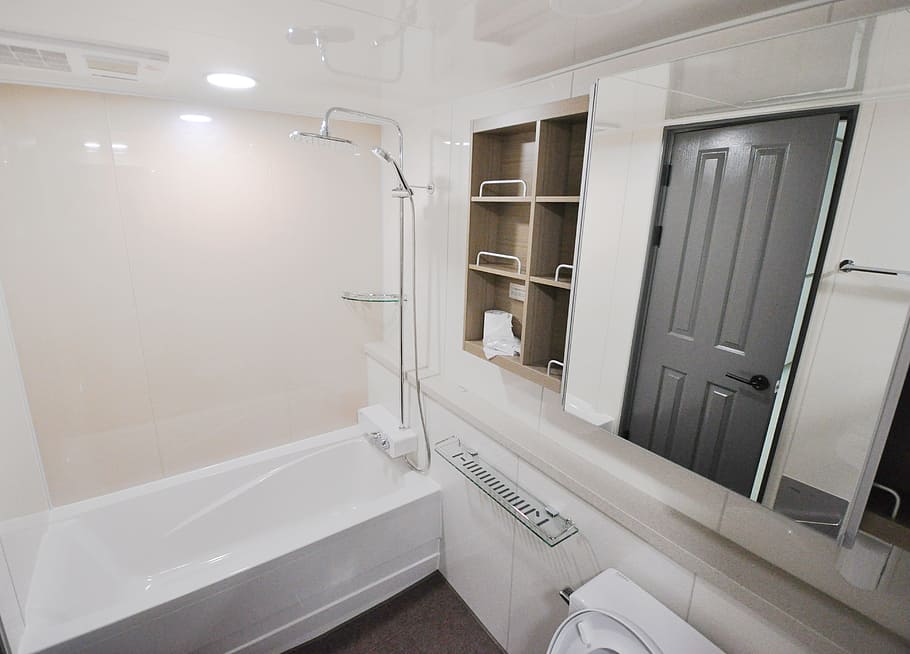 white ceramic bathtub and wooden wall mount shelf, interior, design, HD wallpaper