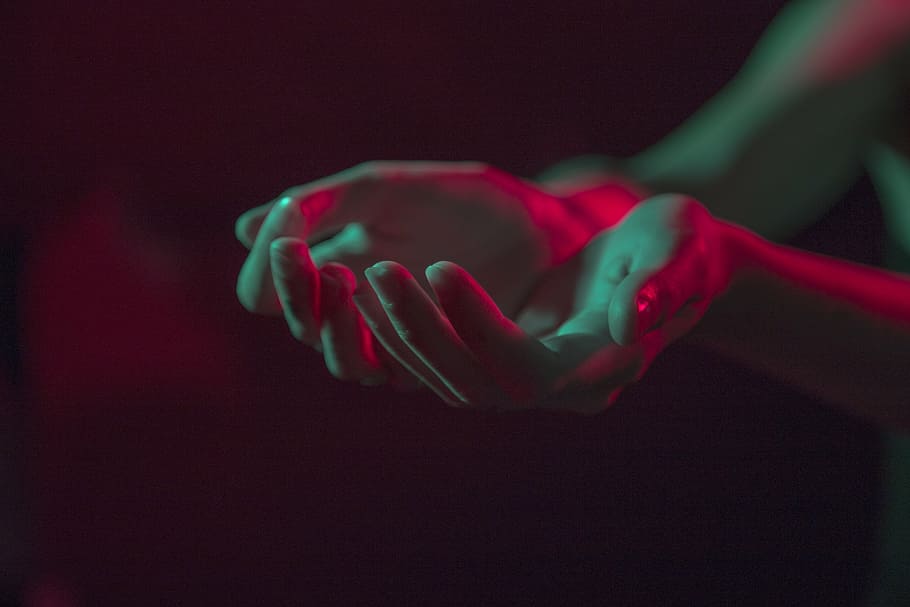 person hand, hands, light, color, dark, room, neon, night, two