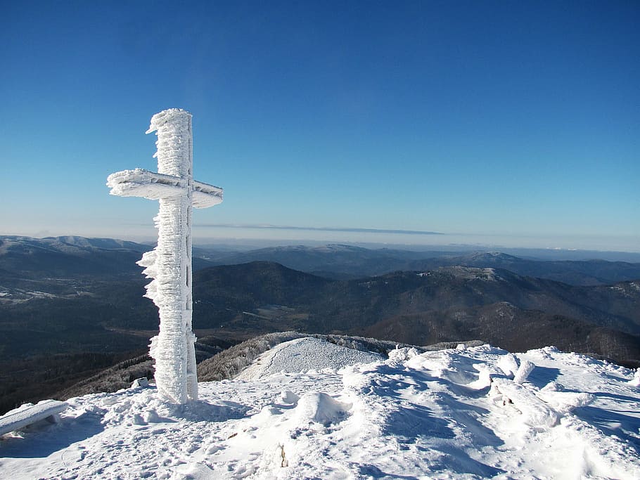 snow covered cross on top of mountain during daytime, mountains HD wallpaper