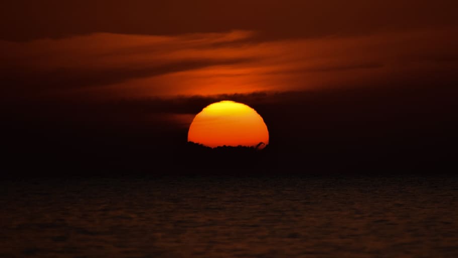sunset, dusk, sky, clouds, sea, evening, nature, orange color HD wallpaper
