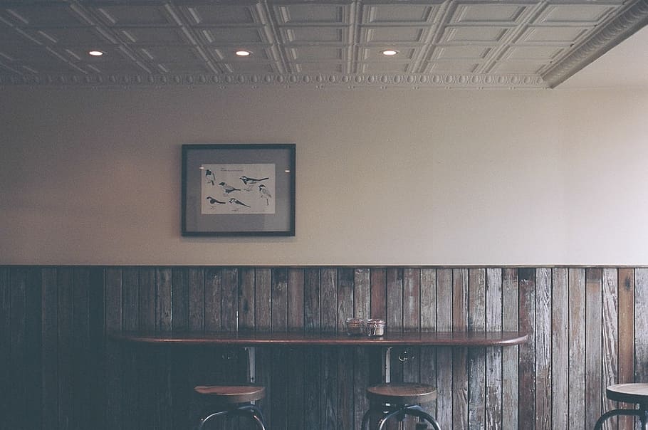 brown wooden console table, bar, restaurant, stools, chairs HD wallpaper