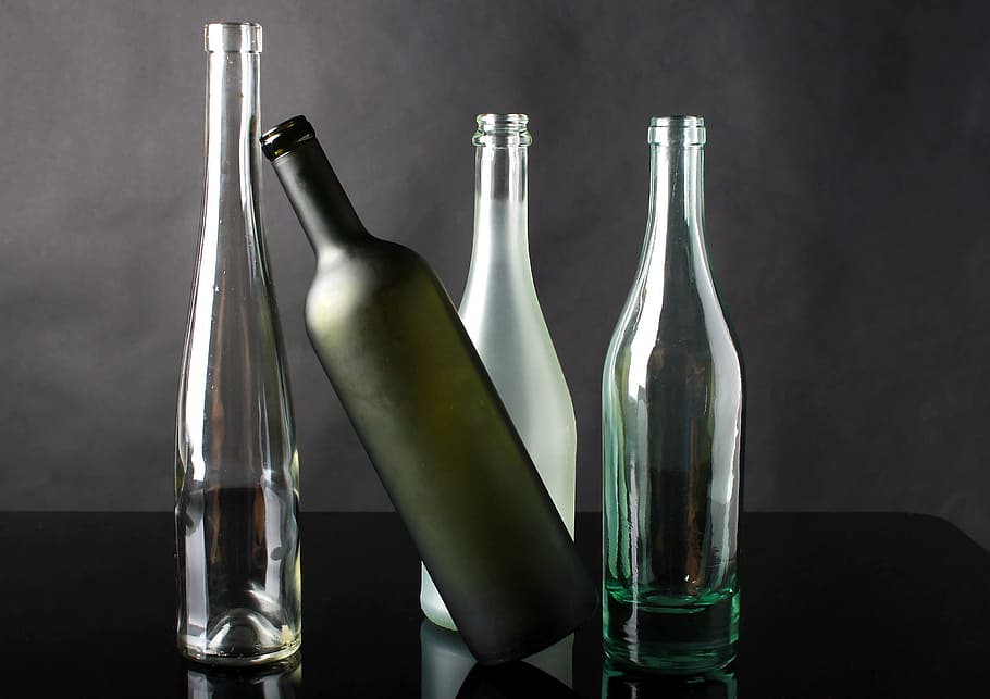 four clear glass bottles, the bottle, composition, studio, a bottle of, HD wallpaper