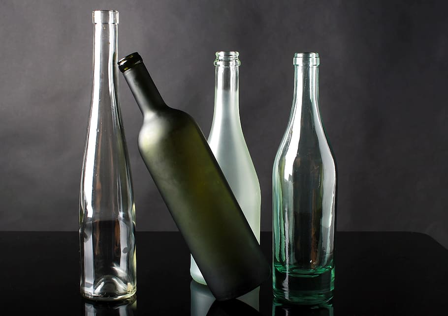 four clear glass bottles, the bottle, composition, studio, a bottle of HD wallpaper