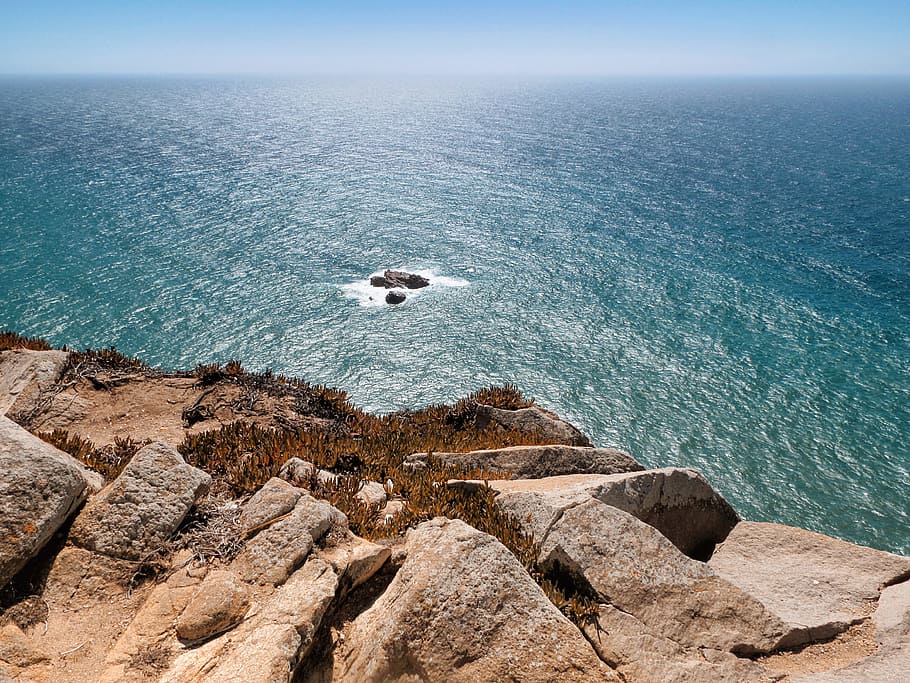 ocean, rocks, waves, sea, water, blue, vacation, cliff, rock - object HD wallpaper