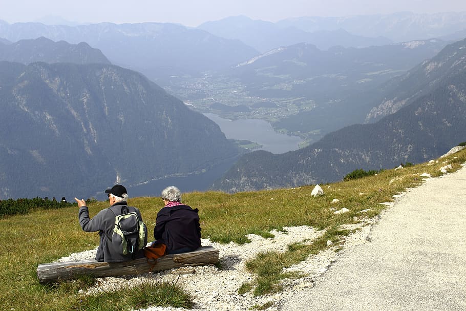 human, old, mountain, outlook, bench, real people, mountain range HD wallpaper