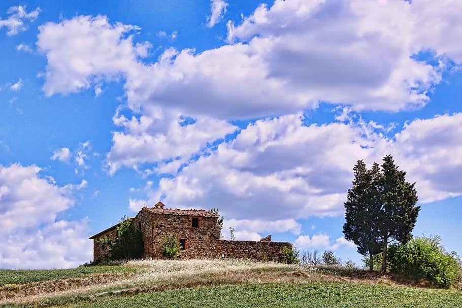 sky, clouds, nature, grass, farmhouse, leave, summer, cloud - sky HD wallpaper