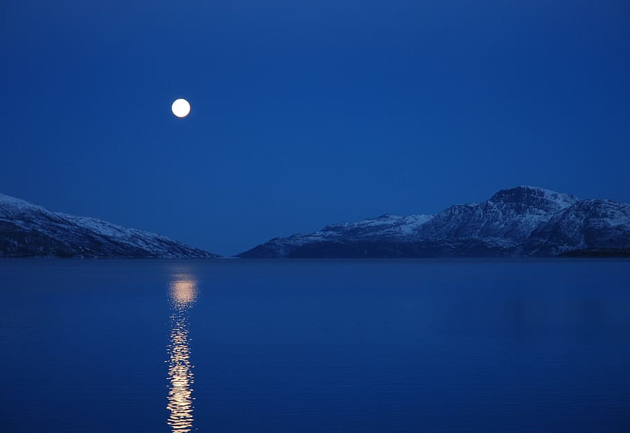 sky, nature, winter, snow, landscape, full moon, norway, fjord HD wallpaper