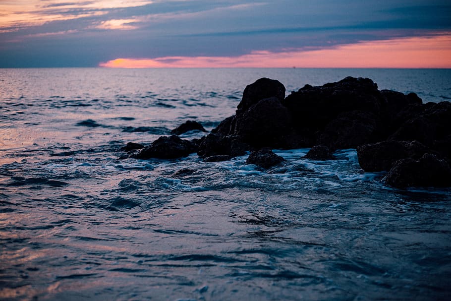 Rocky Sea Shore during Sun Set, beach, clouds, dawn, evening HD wallpaper