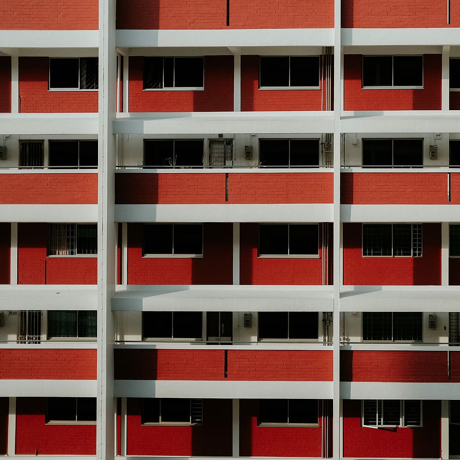 white and red concrete building, red and white building, light HD wallpaper