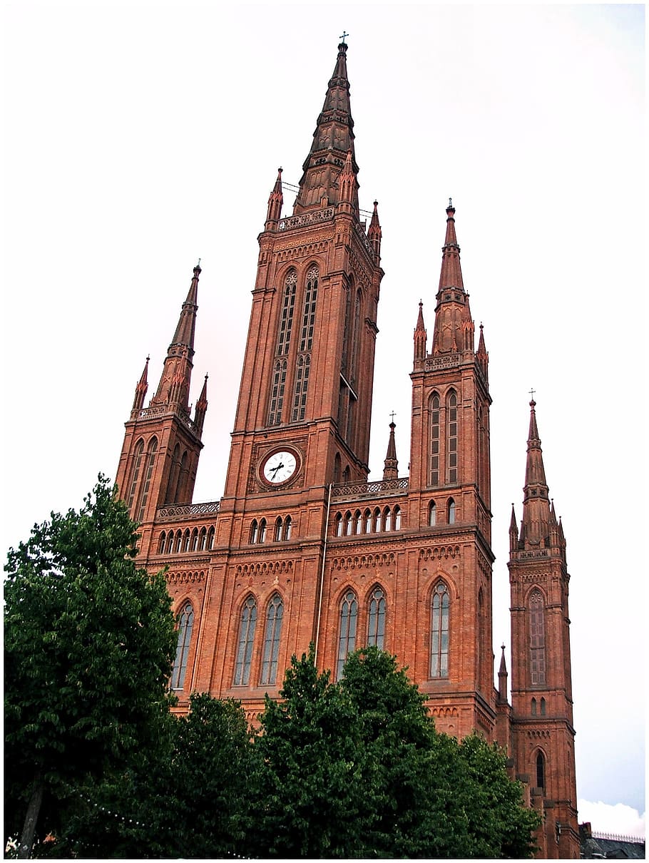 church, cathedral, architecture, clock, germany, wiesbaden HD wallpaper