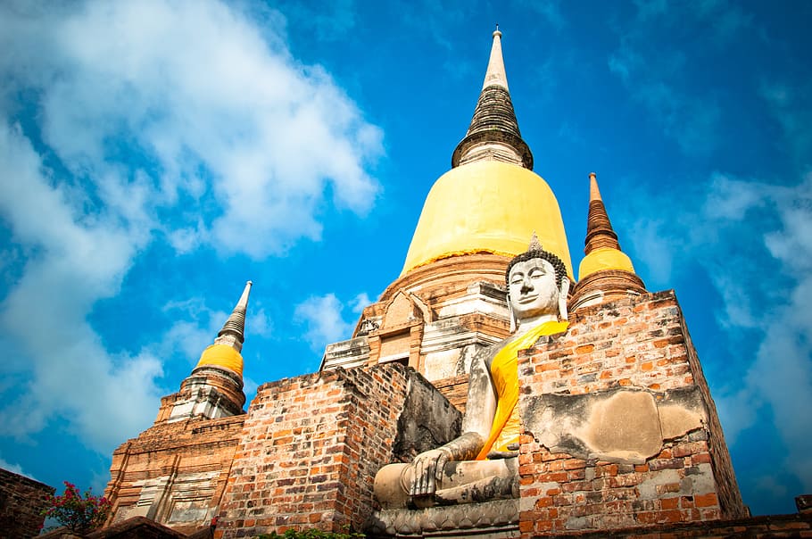 sky, cloud, blue, summer, monk, buddha statue, religion, belief HD wallpaper