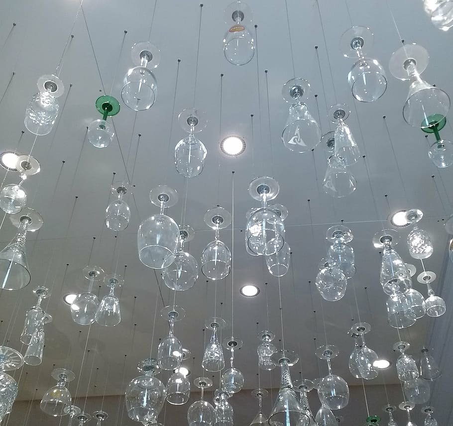 glasses, ceiling, design, bar, chandelier, lights, modern, full frame HD wallpaper