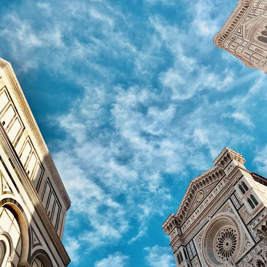 high rise building, low angle photography of church under blue sky HD wallpaper