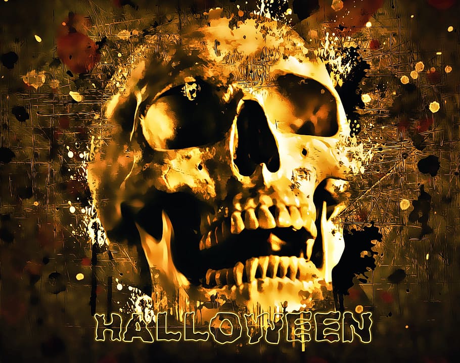 human's skull with halloween text overlay, halloween party, horror, HD wallpaper
