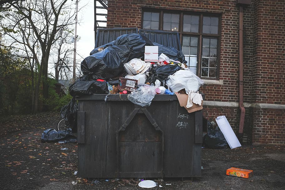 black trash bin, garbage on dumpster, rubbish, gargabe, skip