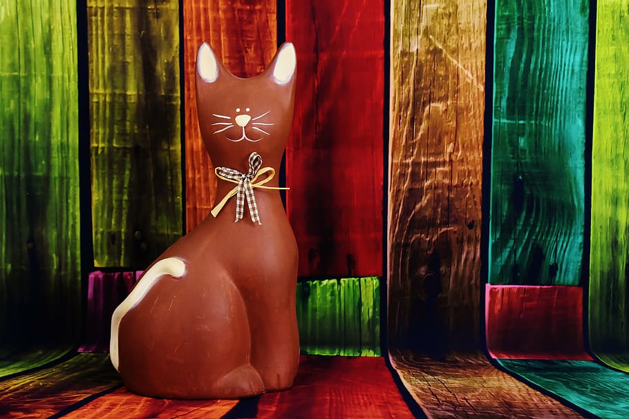 cat, decoration, figures, decorative, sit, brown, cute, red HD wallpaper