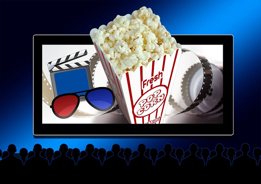 Popcorn in box cinema poster, theater, 3d glasses, filmklappe, HD wallpaper