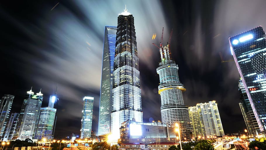 photography of city buildings, shanghai, pudong, night view, cityscape, HD wallpaper