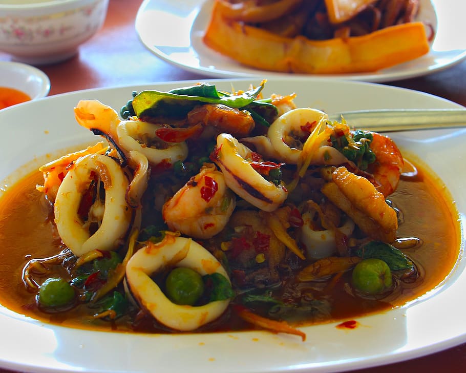 basil fried squid, puff, food, food and drink, ready-to-eat