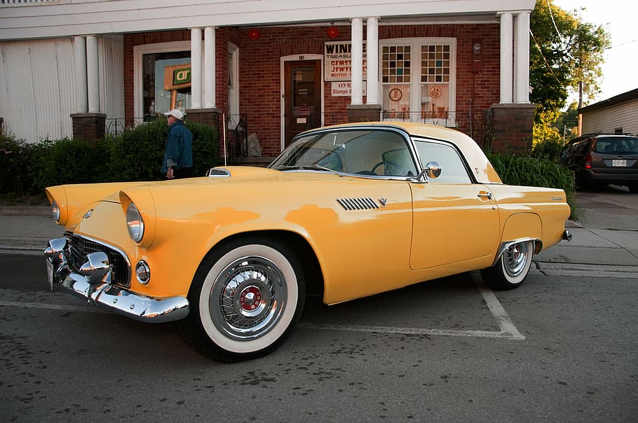 yellow, ford, thunderbird, auto, automobile, car, street, car show HD wallpaper