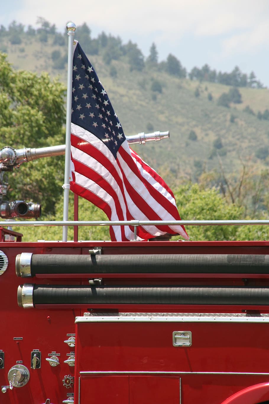 flag, fire, mountain, fireman, fighter, uSA, red, fire Engine HD wallpaper
