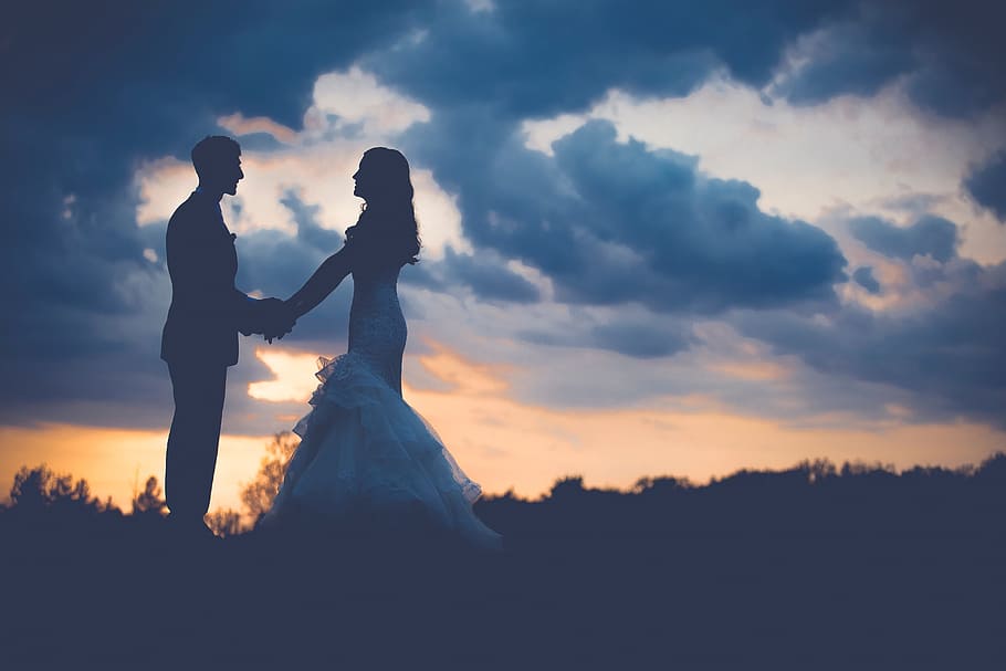 couple holding hands during dawn, grass, cloud, sky, dark, sunset HD wallpaper