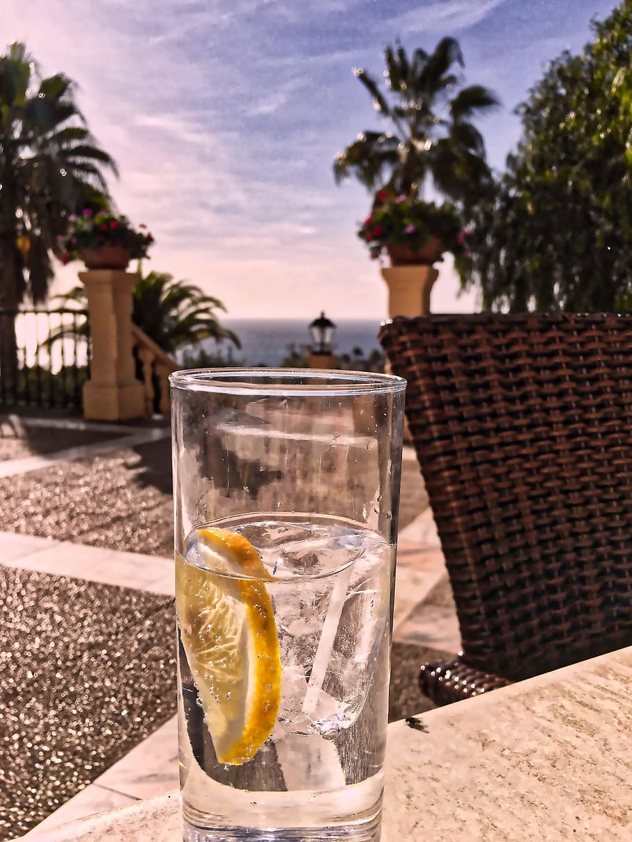 clear drinking glass with sliced lemon inside, Gin, Tenerife HD wallpaper