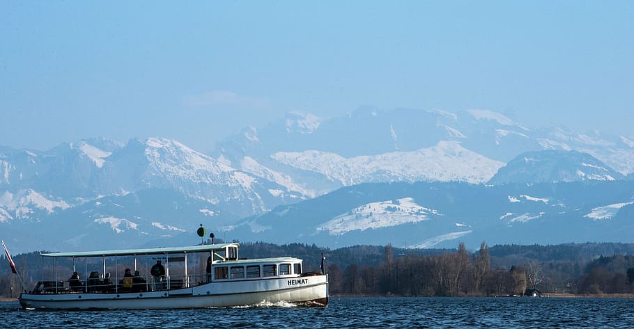 ship, lake, mountains, mood, transportation, mode of transportation HD wallpaper