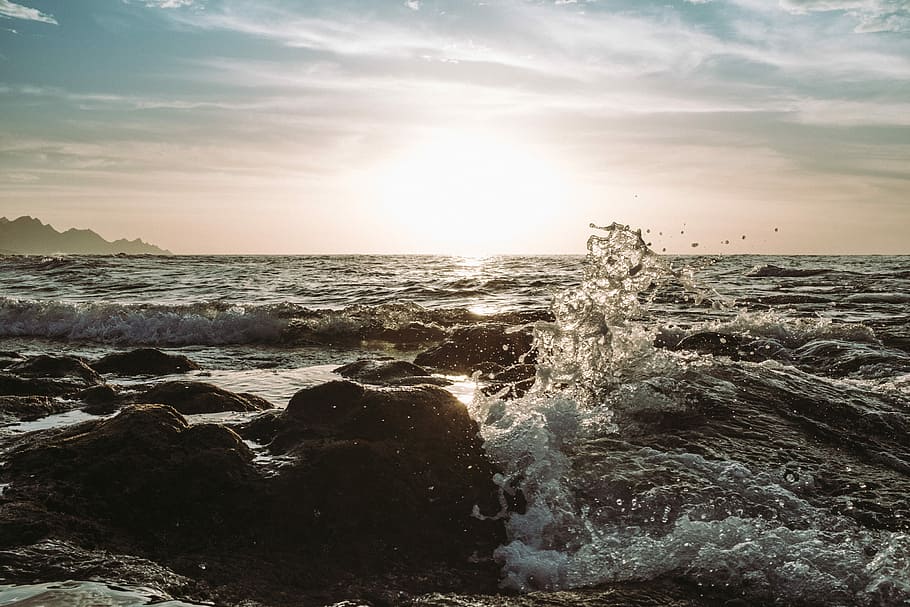 time lapse photography of sea waves, sun, water, rock, ocean HD wallpaper