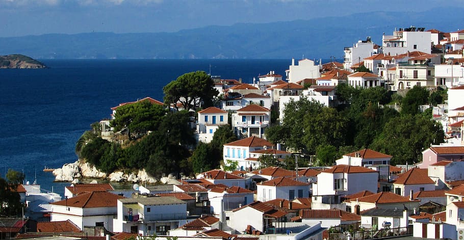 greece, skiathos, chora, town, island, sporades, aegean, architecture HD wallpaper