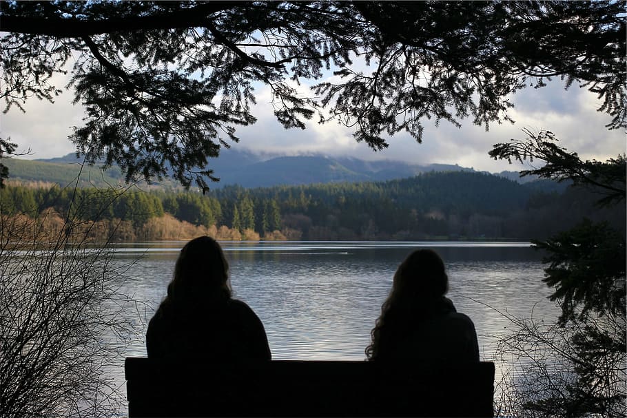 people, bench, sitting, shadow, lake, water, mountains, trees HD wallpaper