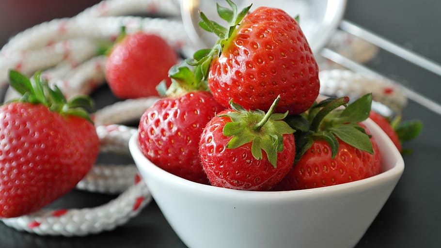 strawberries in white ceramic bowl, red, fruit, fruits, sweet HD wallpaper