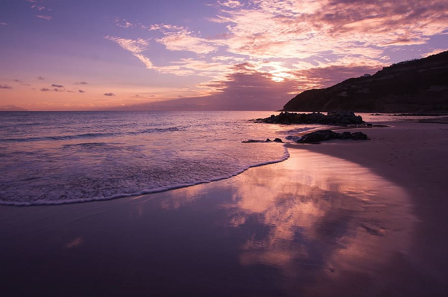 seashore during sunset photo, beach, reflection, wet, sand HD wallpaper