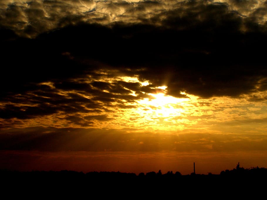 sky, dark sky, clouds, the sun, sunset, view of the city, evening HD wallpaper