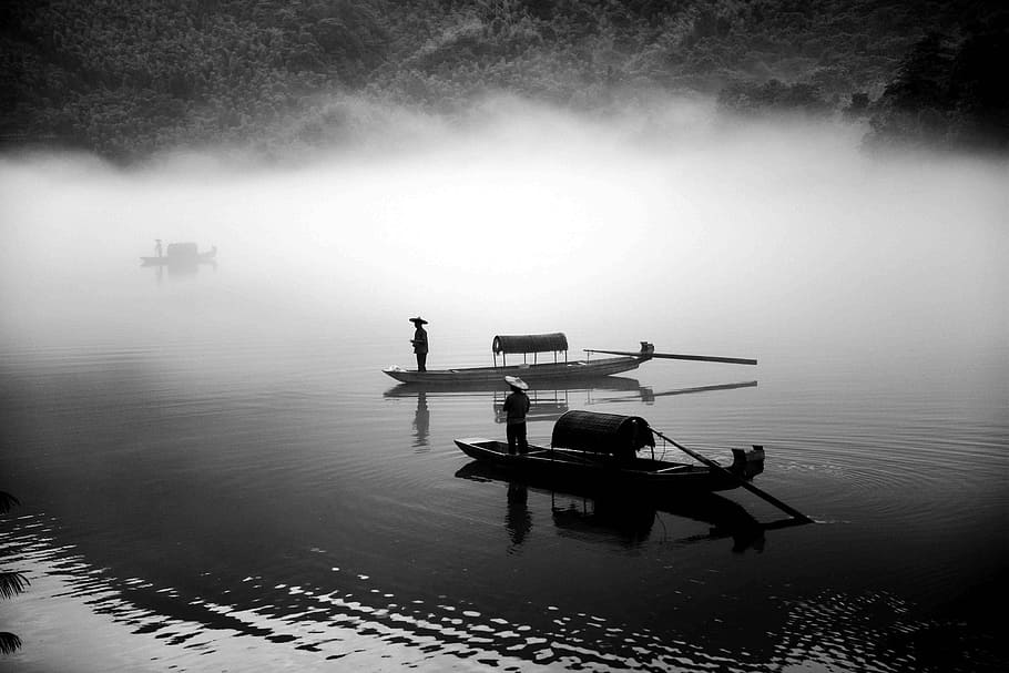 grayscale photo of two row boats, two man in boats on body of water grayscale photography HD wallpaper