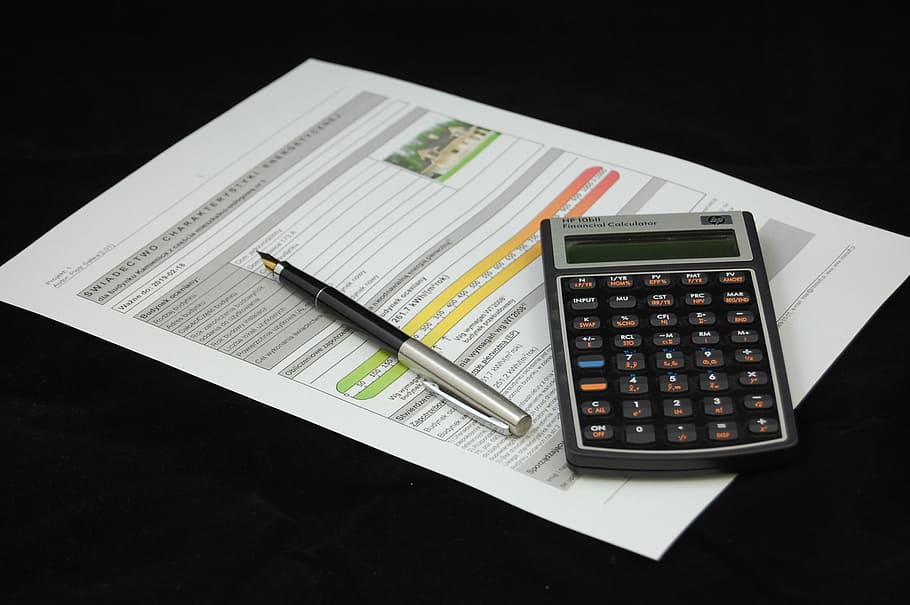 black and gray desk calculator with pen, agreement, energy certificate HD wallpaper