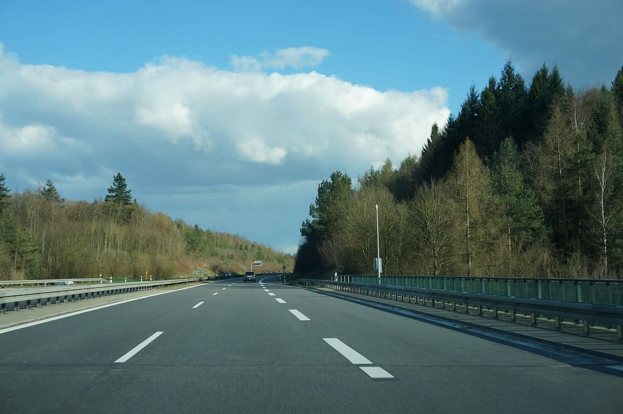 Germany, Highway, Clouds, Road, Autumn, forest, sunny, road marking HD wallpaper