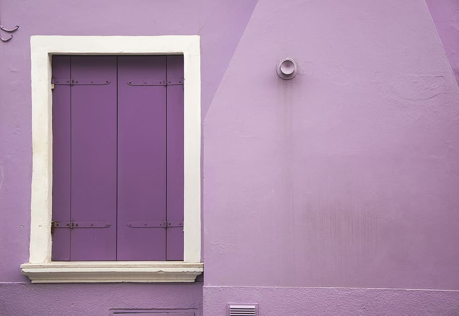 purple wall and white wooden window wall decor, purple wooden window
