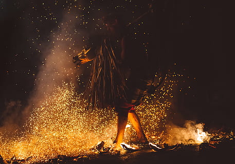 person walking of fire, person walking on lit coals on ground HD wallpaper