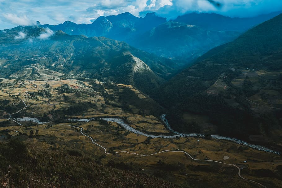 aerial view photo of land area, high angle photo of mountain range HD wallpaper