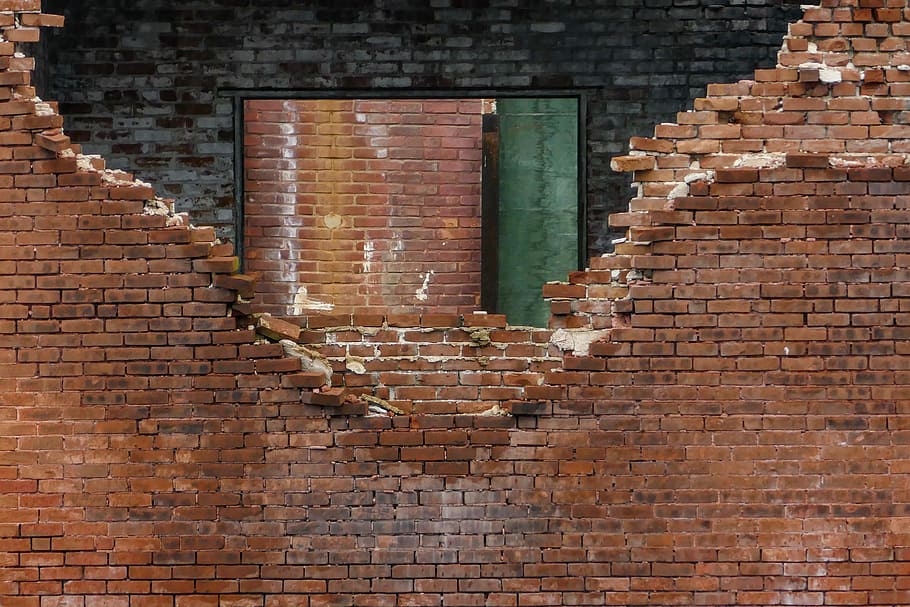 brown brick wall, broken brown bricked wall, old, building, derelict HD wallpaper
