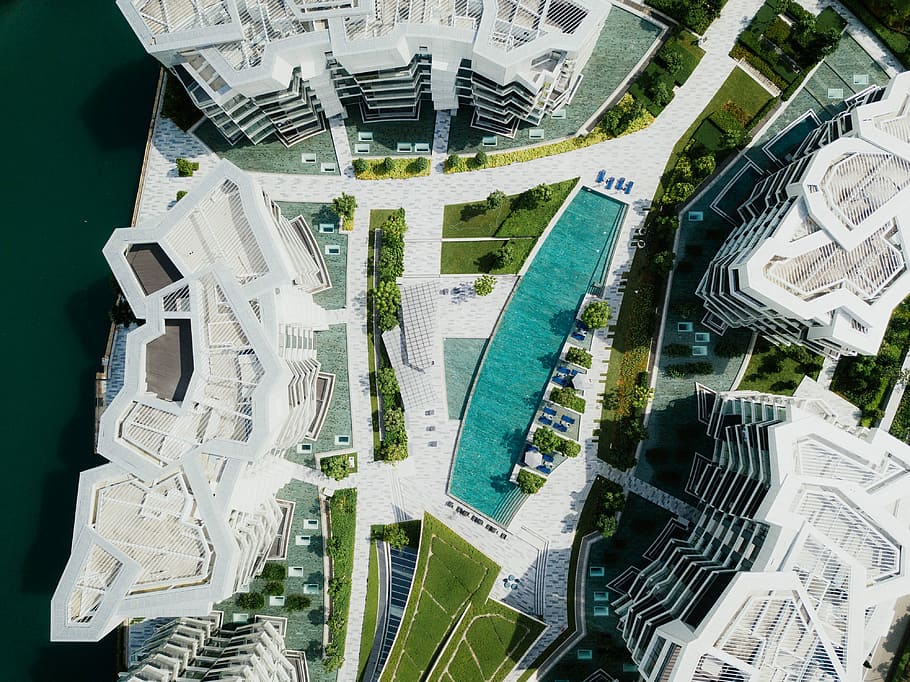 bird's eye view photography of white concrete building, aerial shot photography of white building HD wallpaper