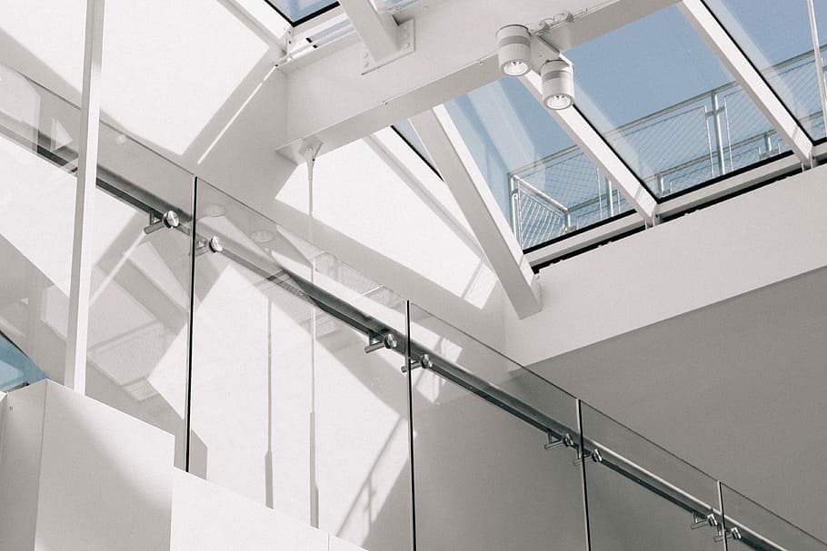 white concrete building at daytime, clear glass fence, roof, ceiling HD wallpaper