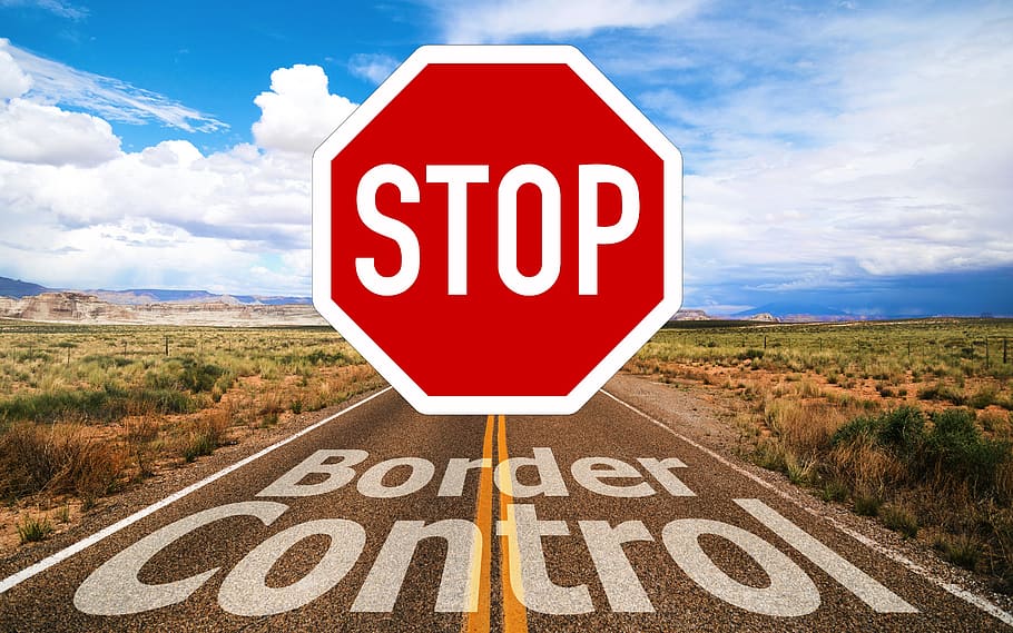 stop street signage, Border Control, Road, field, sky, clouds