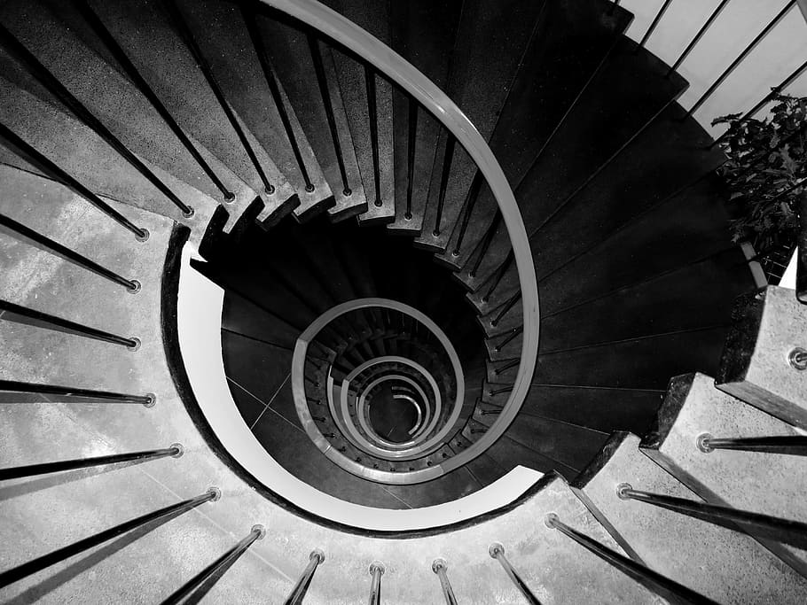 gray concrete downstair, stairs, thread, spiral, steps and staircases, HD wallpaper