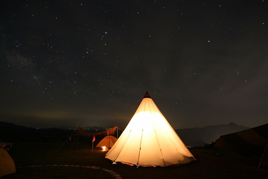 white camping tent with light, active mountain, star, night HD wallpaper