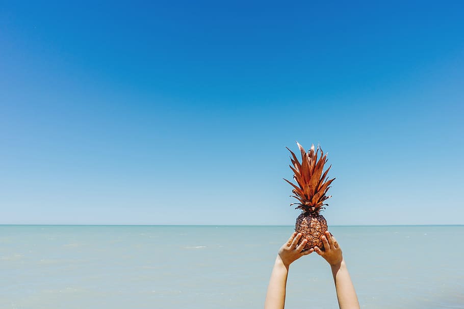 person holding pineapple, person holding pineapple near beach