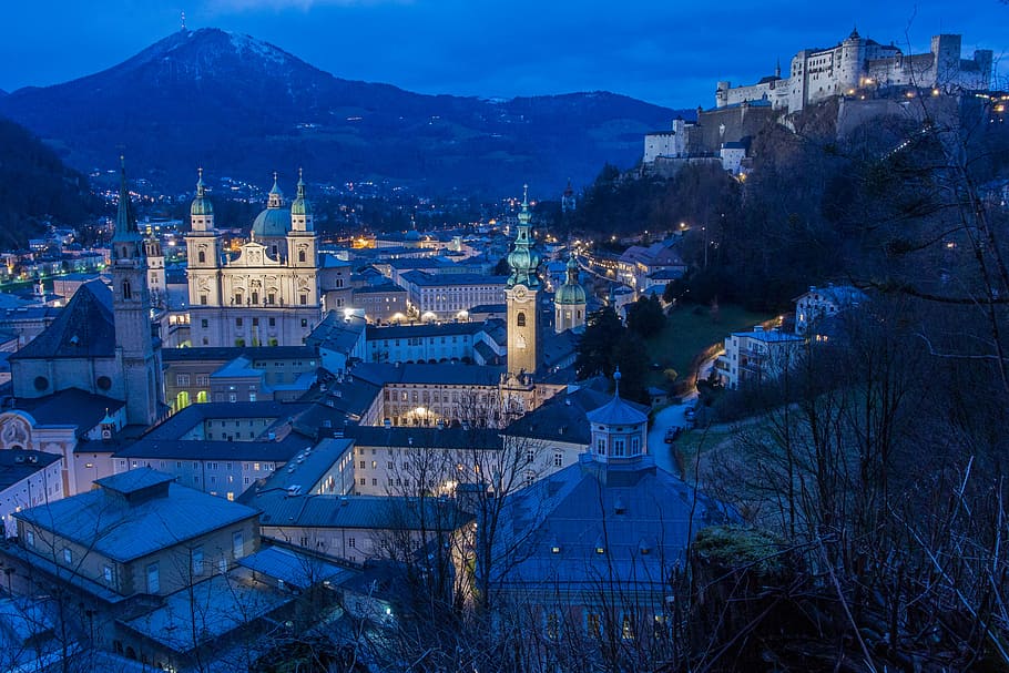 high-angle photography of castle during nighttime, salzburg, austria, HD wallpaper