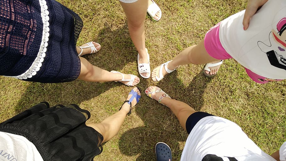 five women wearing sandals, friends, feet, legs, compare, together